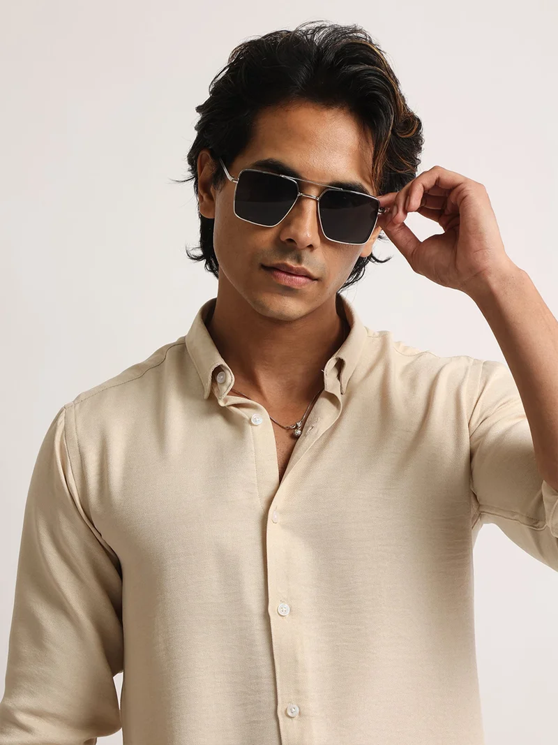 Maniac  Maniac Mens Solid collared Neck Full Sleeve Super Twill Fabric Beige Shirt for Men | Best Price UAE