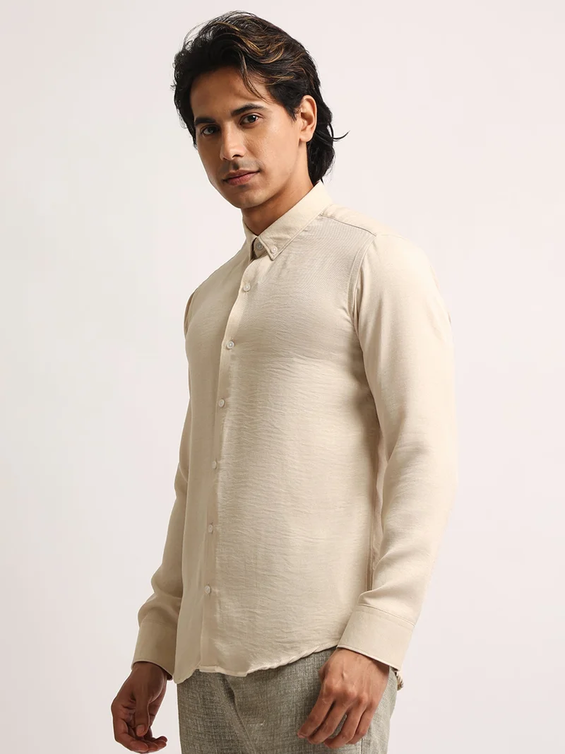 Maniac  Maniac Mens Solid collared Neck Full Sleeve Super Twill Fabric Beige Shirt for Men | Best Price UAE