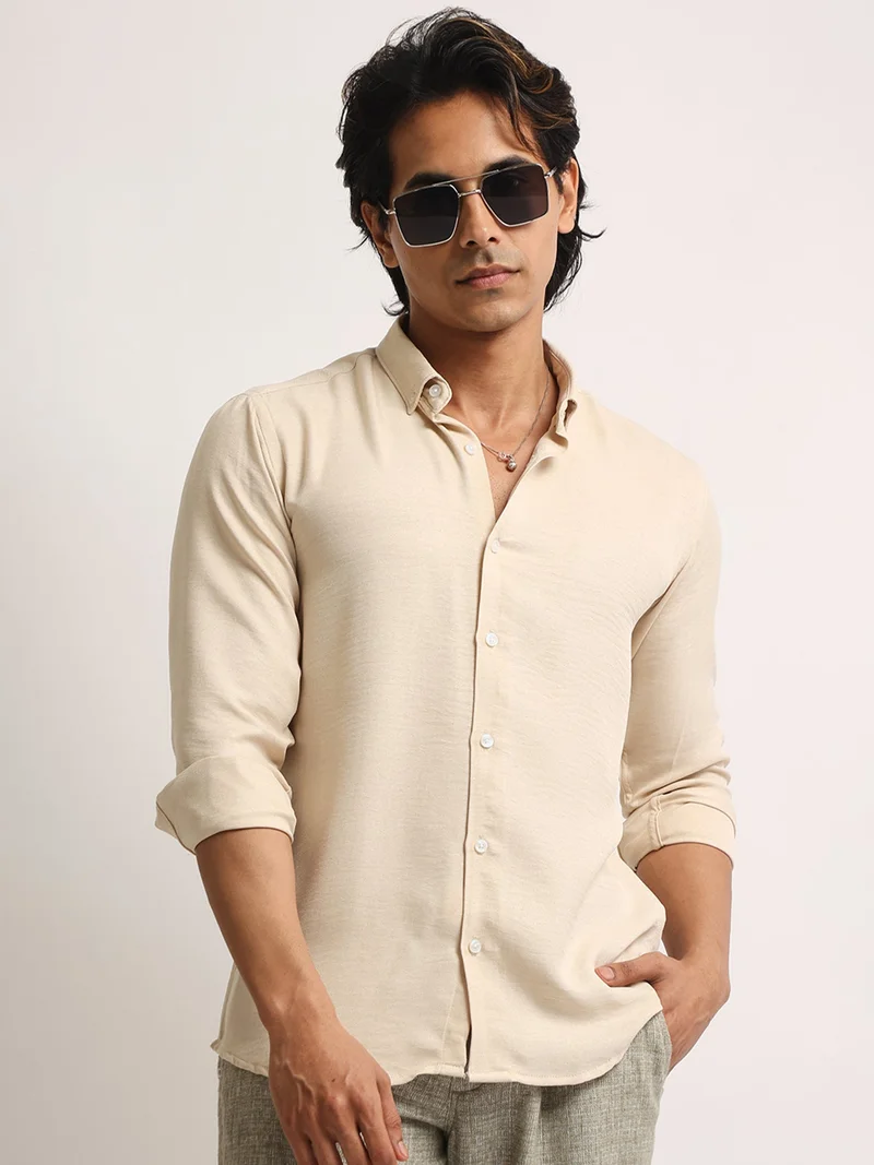 Maniac Maniac Mens Solid collared Neck Full Sleeve Super Twill Fabric Beige Shirt
