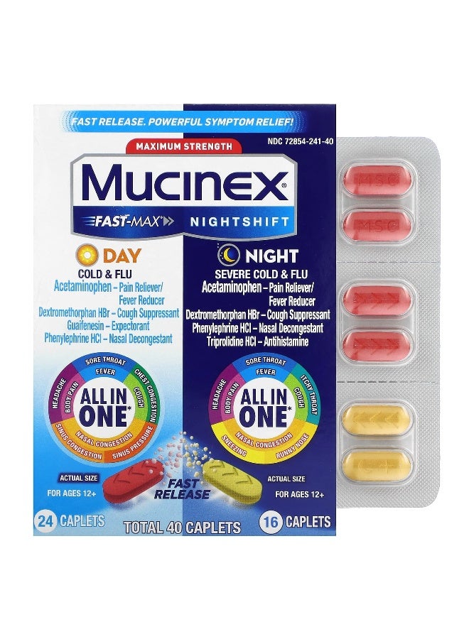 MUCINEX Mucinex, Fast-Max Day Cold & Flu and Nightshift Night Severe Cold & Flu, Maximum Strength, For Ages 12+, 2 Bottles, 40 Caplets - Image 1