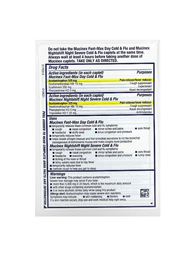 MUCINEX Mucinex, Fast-Max Day Cold & Flu and Nightshift Night Severe Cold & Flu, Maximum Strength, For Ages 12+, 2 Bottles, 40 Caplets - Image 2