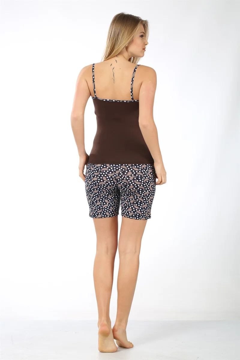 اكبينيز Women's Rope Strap Brown Pocket Shorts Pajamas Set 787