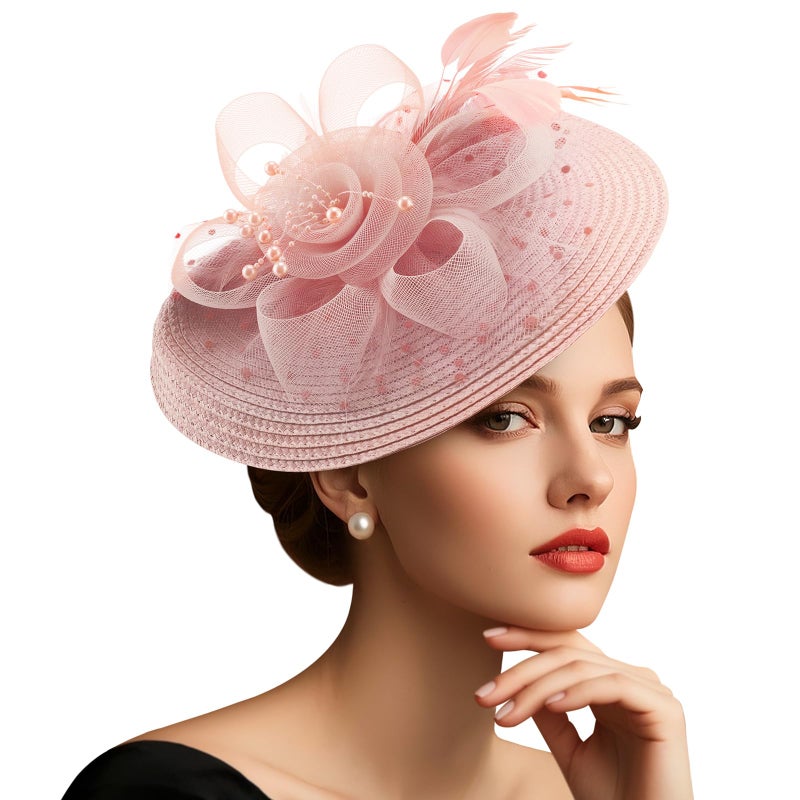 DRESHOW Fascinators Hat Flower Mesh Feathers Hat with a Headband and a Clip 7.9" Tea Party Headwear for Women - Image 1