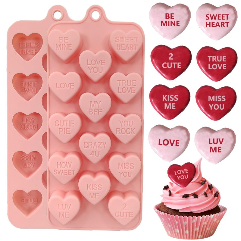 Copzievkae 2 Pack Conversation Heart Mold,14 Holes Heart Shaped Silicone Molds for Chocolate, Candy, Hearts Ice Cube Tray Molds Valentine Candy Hearts Mold Valentine Silicone - Image 1