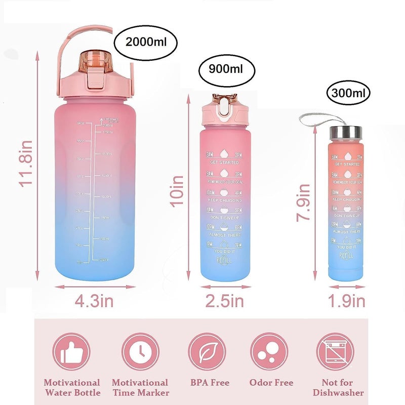 AAOVEFOX 3 Pcs Set New Unbreakable Traveling Water Bottle 2000ml 900ml 300ml With Strow Leakproof Non Toxic Water Bottle with Drinking Water Reminder For GymSportsofficeHome workoutMulti Colour - Image 2