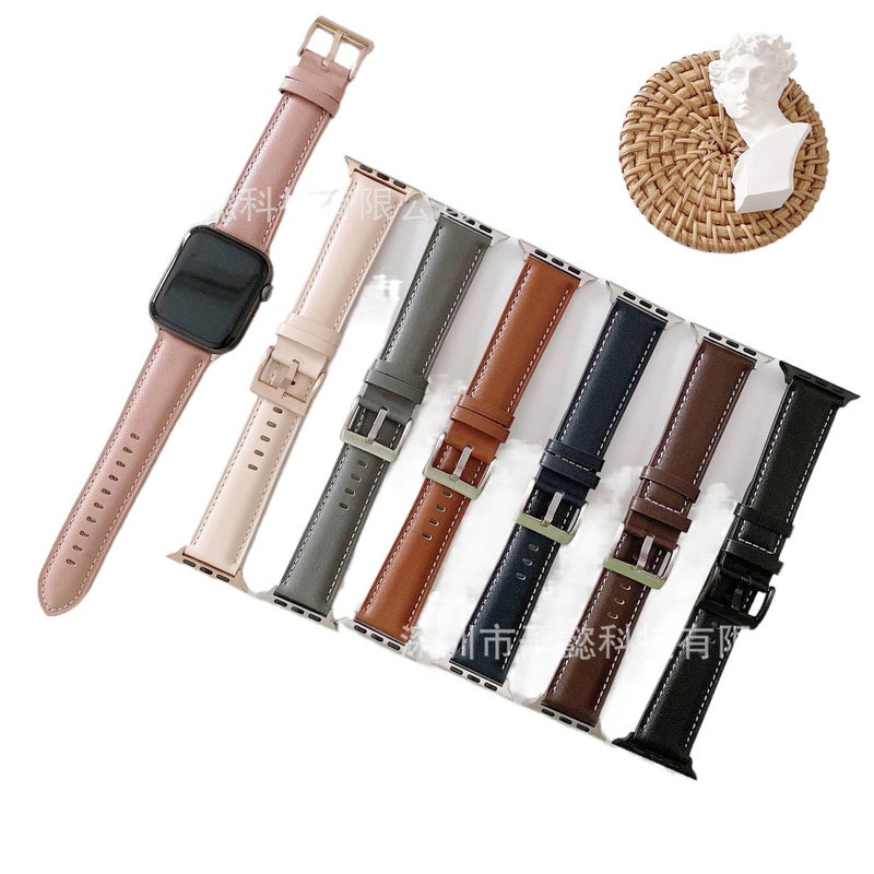 سوار ساعة ذكية سوار جلدي كلاسيكي متوافق مع Apple Watch 38/40/41/42/44/45/49mm بملاءمة قابلة للتعديل وحزام بديل باللون وردي قابل للتعديل - Image 1