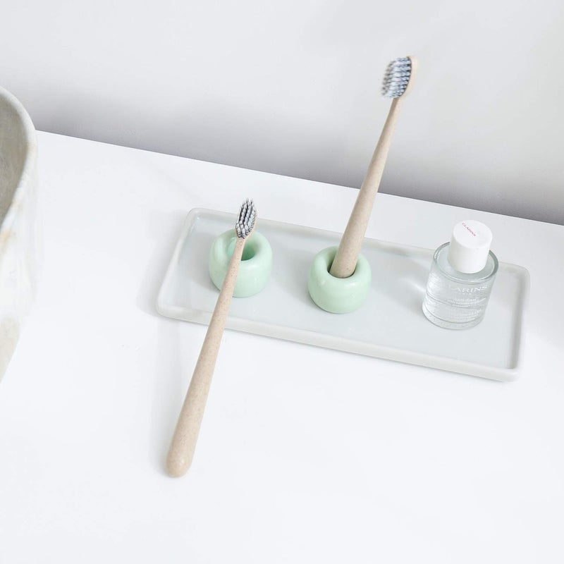 amoon Mini Ceramic Toothbrush Holder for Bathroom - Light Green Small Countertop Organizer, Easy Clean Toothbrush Stand, Suit for Electric Toothbrush Head, Pens & Coffee Spoon, Pack of 2 - Image 2
