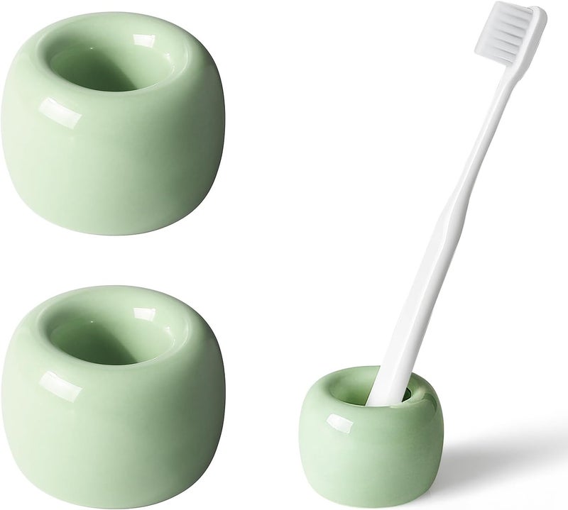 amoon Mini Ceramic Toothbrush Holder for Bathroom - Light Green Small Countertop Organizer, Easy Clean Toothbrush Stand, Suit for Electric Toothbrush Head, Pens & Coffee Spoon, Pack of 2 - Image 1