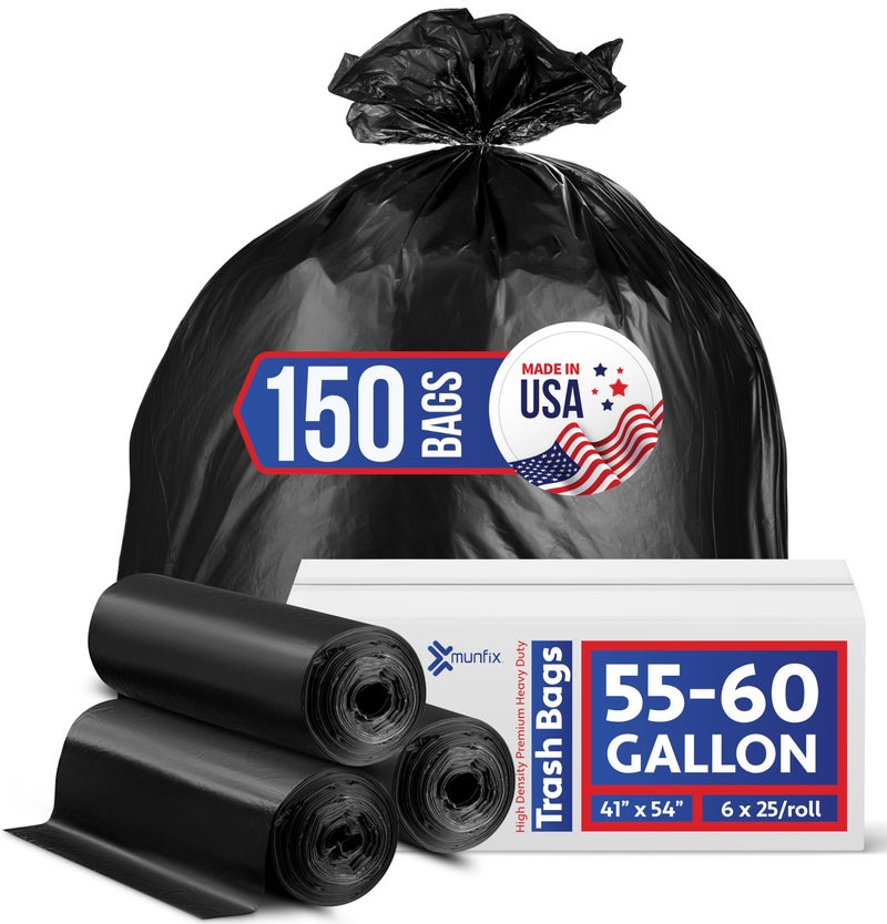 Munfix 55-60 Gallon Trash Bags Heavy Duty - Bulk 150 Pack Large Garbage Bags - Big Black Commercial Trash Can Liners - Made In USA - Image 1