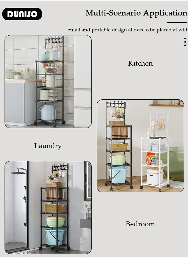 DUNISO 5 Tier Kitchen Storage Shelf Organizer with Top Hooks, Movable Multifunctional Storage Rack, for Laundry Bathroom Kitchen Garage Pantry Organization  - Image 2