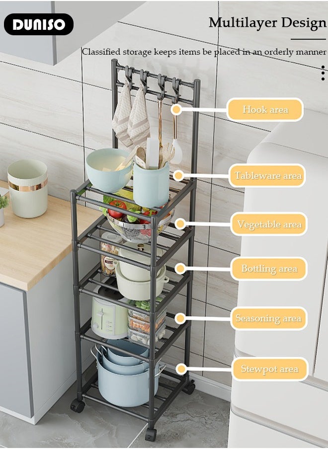 DUNISO 5 Tier Kitchen Storage Shelf Organizer with Top Hooks, Movable Multifunctional Storage Rack, for Laundry Bathroom Kitchen Garage Pantry Organization  - Image 3