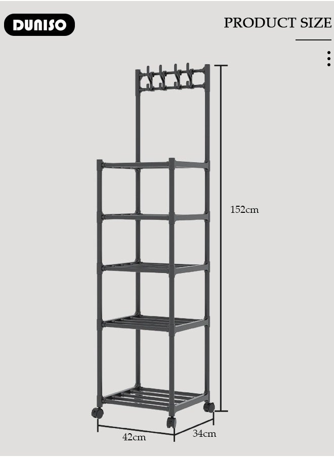 DUNISO 5 Tier Kitchen Storage Shelf Organizer with Top Hooks, Movable Multifunctional Storage Rack, for Laundry Bathroom Kitchen Garage Pantry Organization  - Image 4