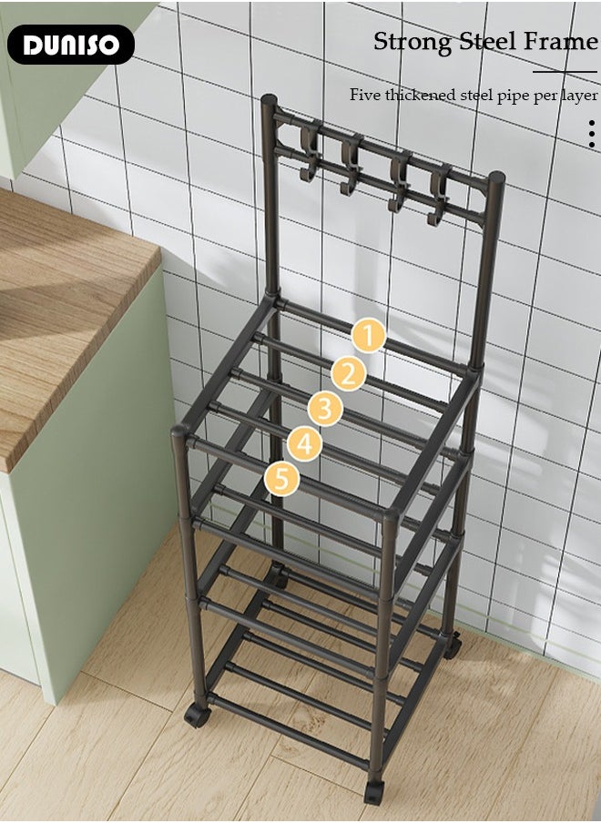 DUNISO - 5 Tier Kitchen Storage Shelf Organizer with Top Hooks, Movable Multifunctional Storage Rack, for Laundry Bathroom Kitchen Garage Pantry Organization - Image 1