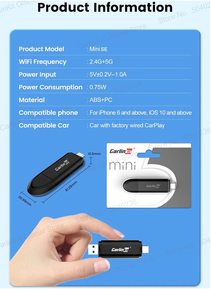 Carlinkit - MINISE Wireless CarPlay Adapter USB-A/C for iPhone Convert Wired to Wireless Carplay Fast-Connect Plug&Play FOTA - Image 1
