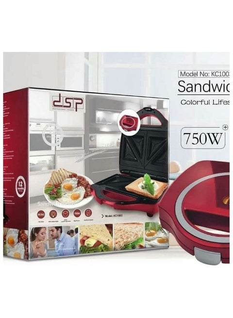DSP Sandwich Maker Toaster 750W 2pcs Fixed Triangle Plates Non-Stick Coating With Indicator Light, Non-Slip Feet Stand Upright For Storage And Space Saving KC1003 Color Wine