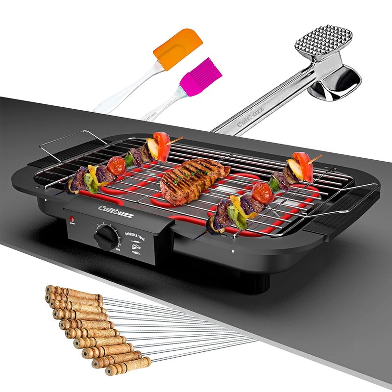 Cultbuzz 2000 Watt Electric Barbecue Grill Smokeless Portable Adjustable Temperature Control Indoor&Outdoor Barbeque Grill For Home Removable Water Filled Drip Tray(Bbq With Hammer)Free Standing - Image 1