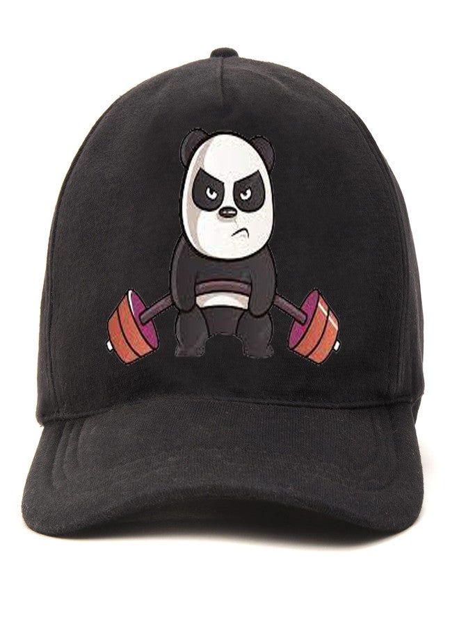 PrimeBox Cotton Head Caps for Men Unisex with Adjustable Velcro Strap Cap Summer Caps Men Sports Cricket Caps, Gym Cap (Black Cap Panda Exercise Print) - Image 1