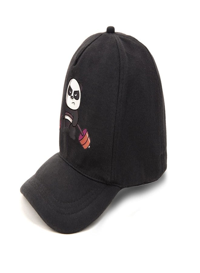 PrimeBox Cotton Head Caps for Men Unisex with Adjustable Velcro Strap Cap Summer Caps Men Sports Cricket Caps, Gym Cap (Black Cap Panda Exercise Print) - Image 3
