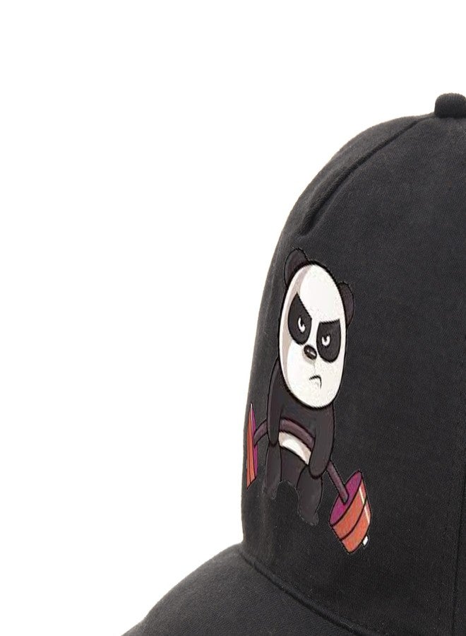 PrimeBox Cotton Head Caps for Men Unisex with Adjustable Velcro Strap Cap Summer Caps Men Sports Cricket Caps, Gym Cap (Black Cap Panda Exercise Print) - Image 5