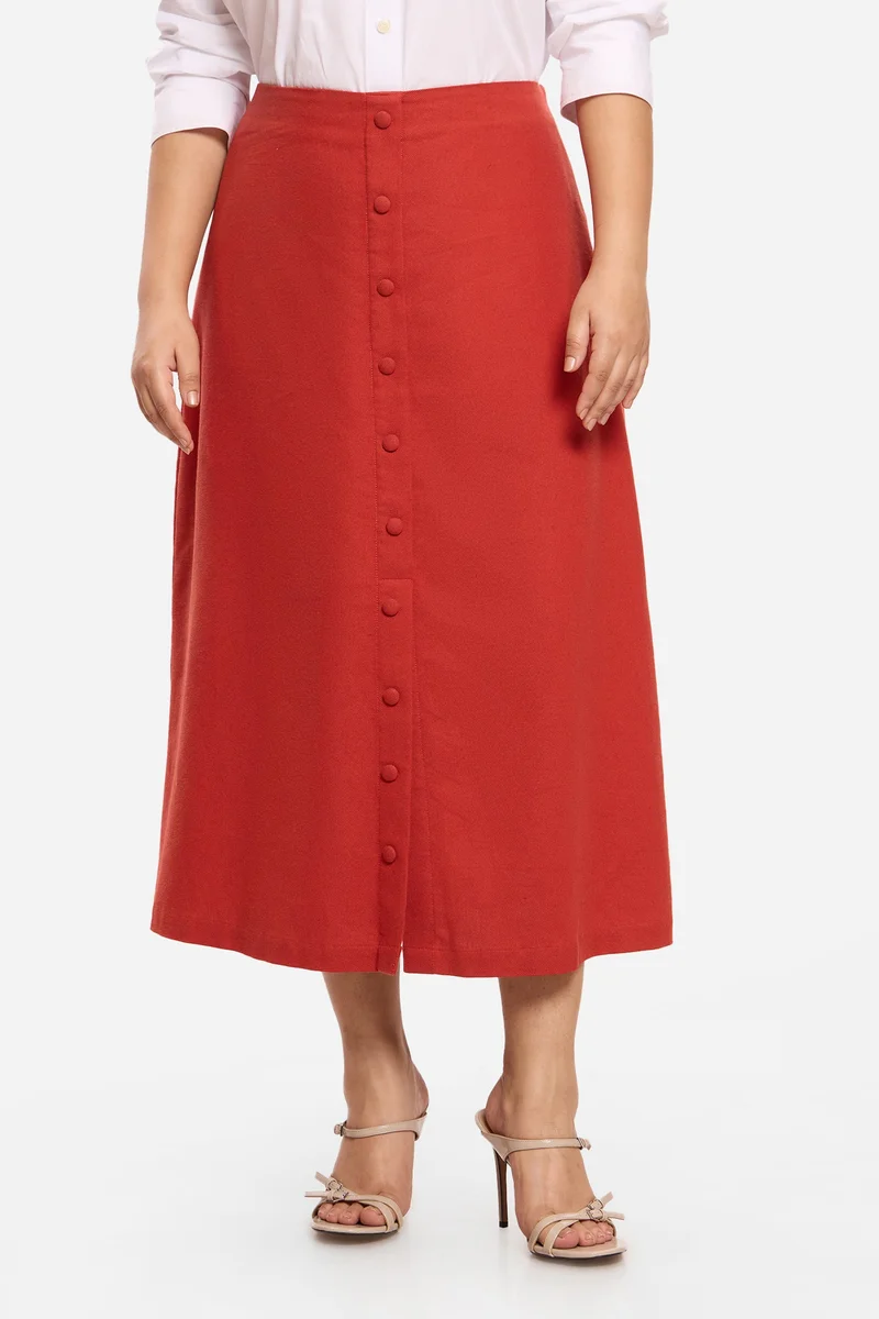 فيرجيو Solid Viscose Midi Plus Size Skirt With Faux Placket for Women