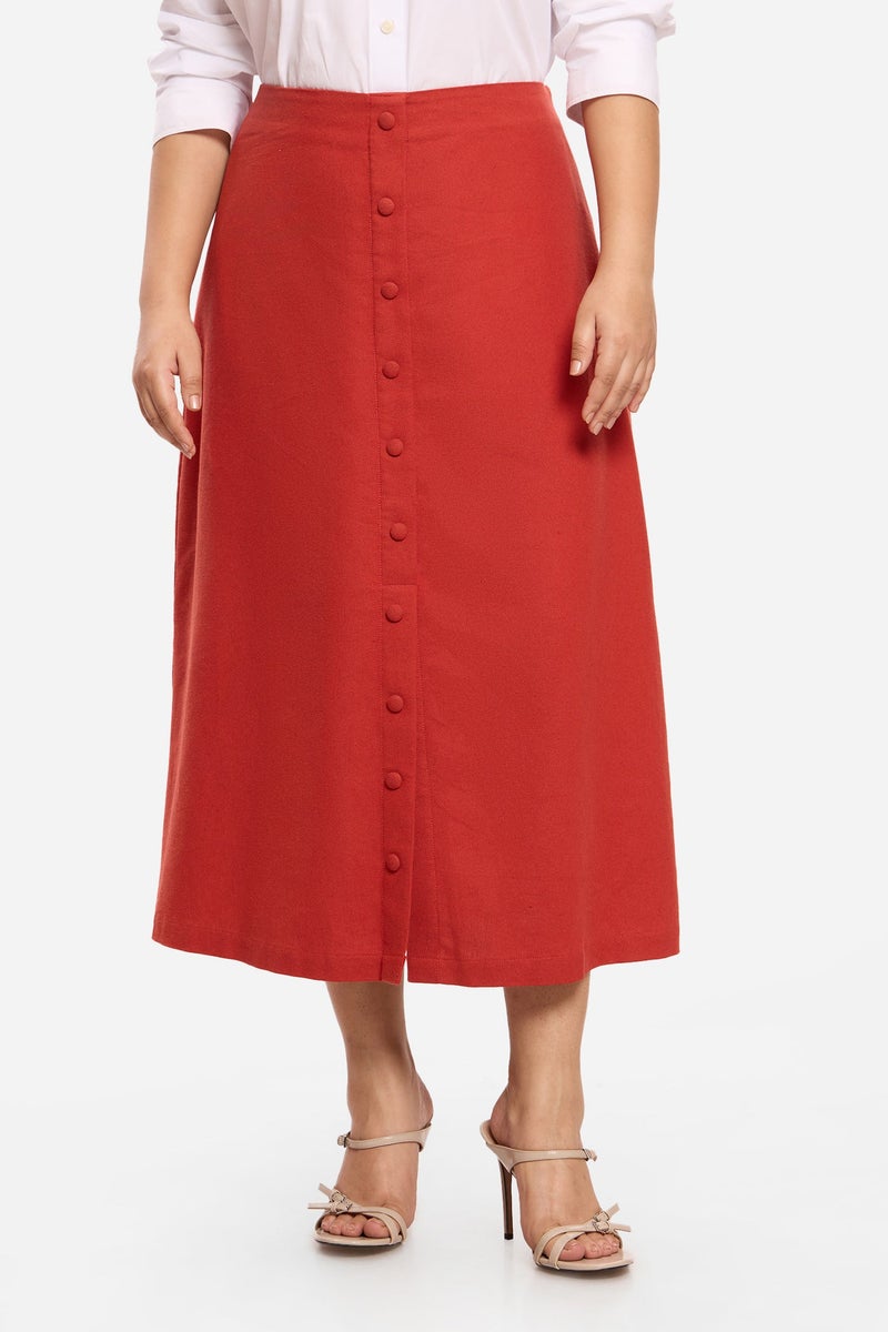 Virgio Solid Viscose Midi Plus Size Skirt With Faux Placket for Women - Image 2