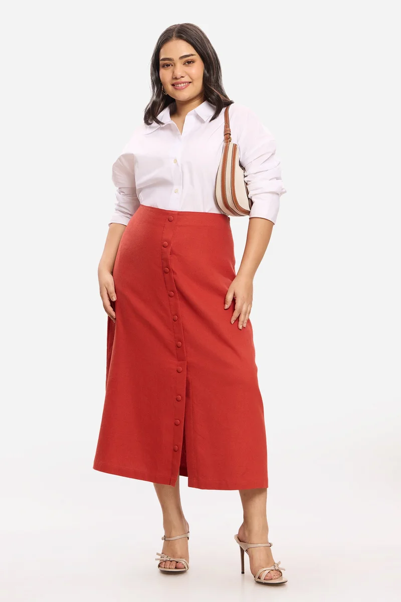 فيرجيو Solid Viscose Midi Plus Size Skirt With Faux Placket for Women