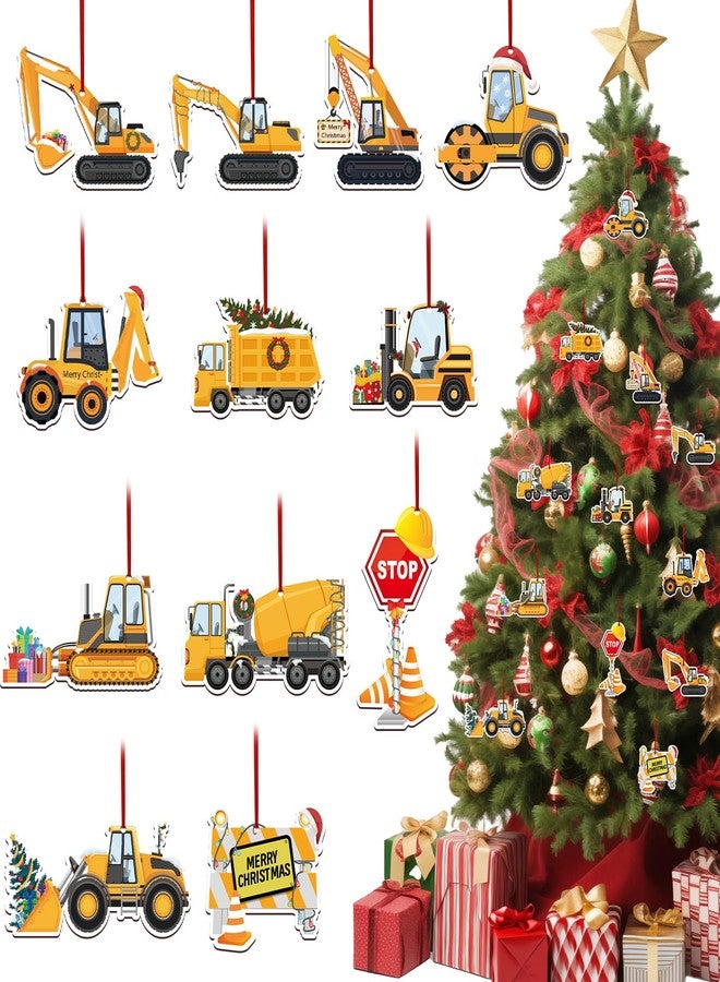 Sophena 24 Pcs Christmas Construction Truck Ornaments Decoration Wooden Vintage Excavator Christmas Tree Hanging Crafts for Farmhouse Home Party Decor Holiday Xmas Party Supplies Merry Christmas Winter - Image 1