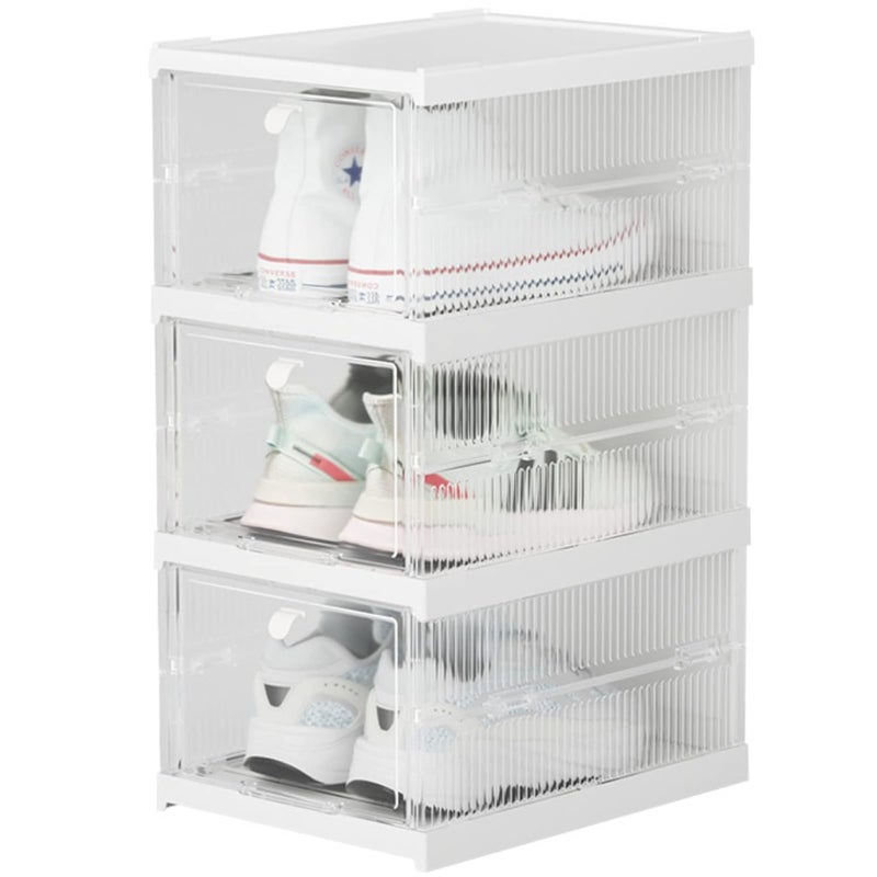 TVKB Foldable Shoe Organizer Stackable Collapsible Clear Shoe Storage Boxes OnePiece Closet Storage Holder Set of 3 No Assembly