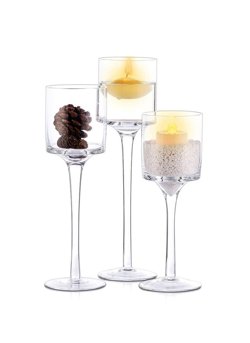 XiuWoo 3 Piece Glass Tall Elegant Pillar Tea Light Candle Holders Set For Wedding Party Living Room Home Decor  - Image 4