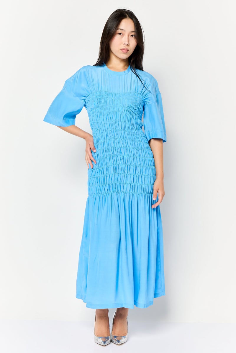 STELLA MCCARTNEY Women Shirred Pattern Smoked Silk Midi Dress, Blue  - Image 1