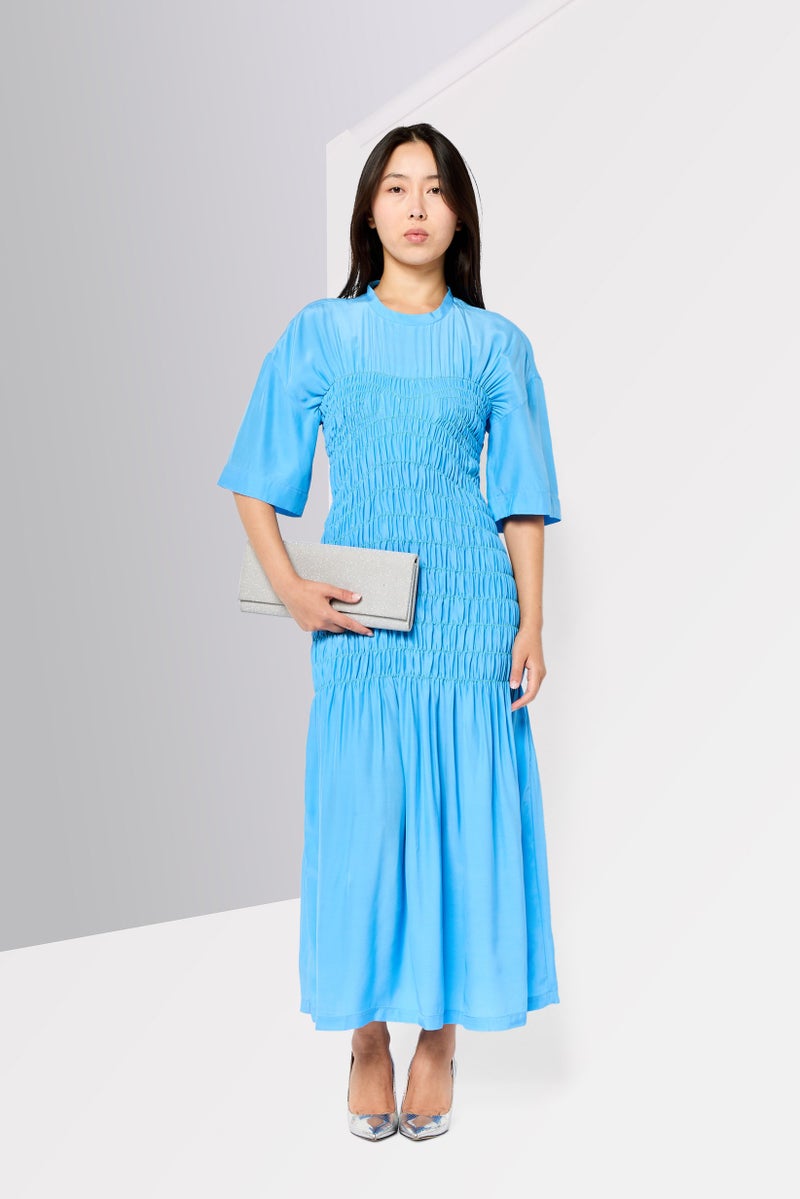 STELLA MCCARTNEY Women Shirred Pattern Smoked Silk Midi Dress, Blue  - Image 2