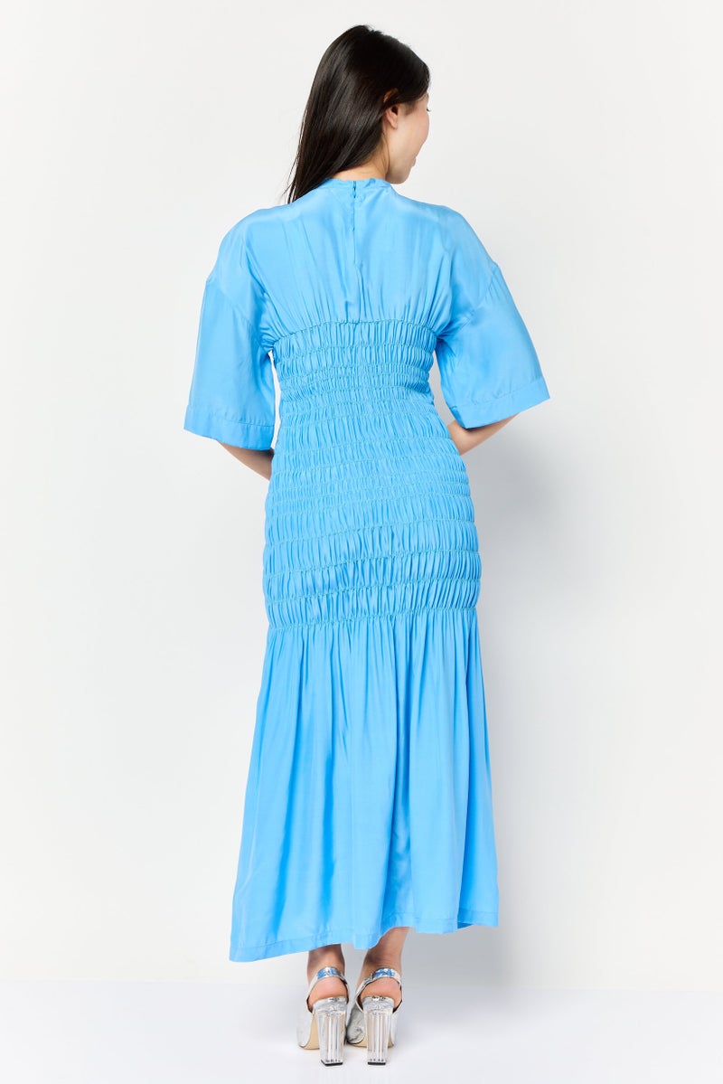 STELLA MCCARTNEY Women Shirred Pattern Smoked Silk Midi Dress, Blue  - Image 4