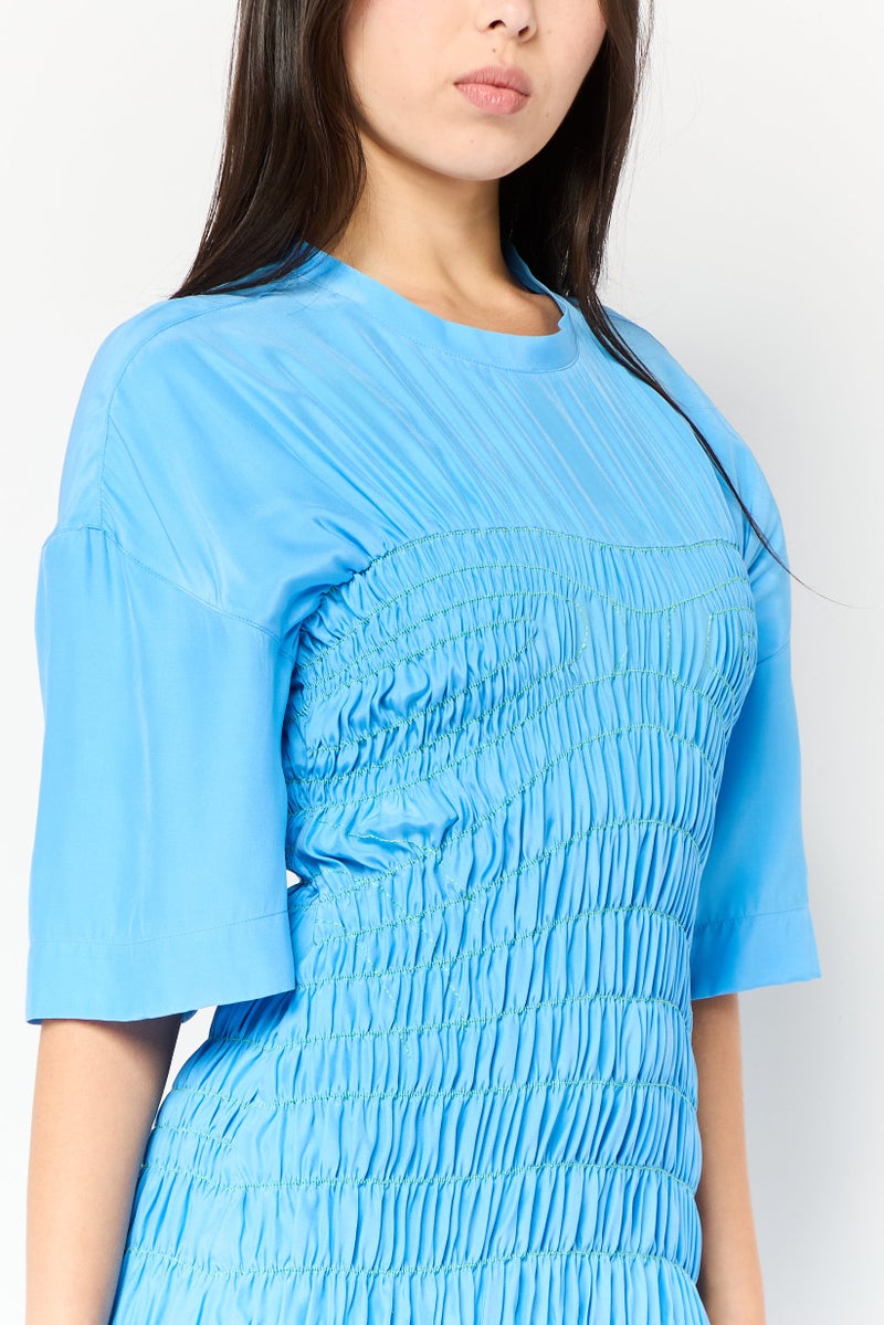 STELLA MCCARTNEY Women Shirred Pattern Smoked Silk Midi Dress, Blue  - Image 3