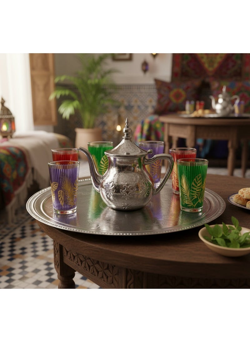 كويزين أرت طقم شاي مغربي إبريق شاي ۷۵۰ مل صينية نموذجية ۳۲ سم بالإضافة إلى ۶ أكواب كريستال ملونة - Image 2
