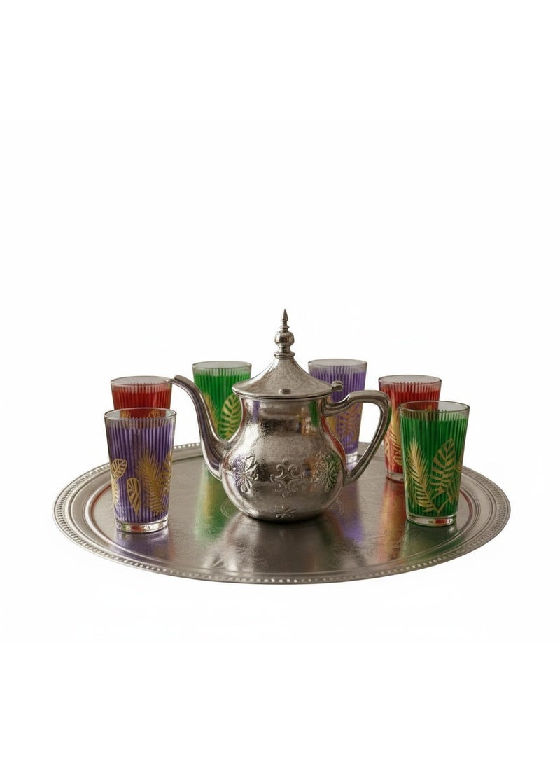 كويزين أرت طقم شاي مغربي إبريق شاي ۷۵۰ مل صينية نموذجية ۳۲ سم بالإضافة إلى ۶ أكواب كريستال ملونة - Image 1