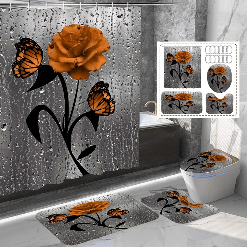 Y&D Floral Pattern Fabric Bath Rug Set 4-Piece Shower Curtain and Bath Mat for Bathroom - Image 1