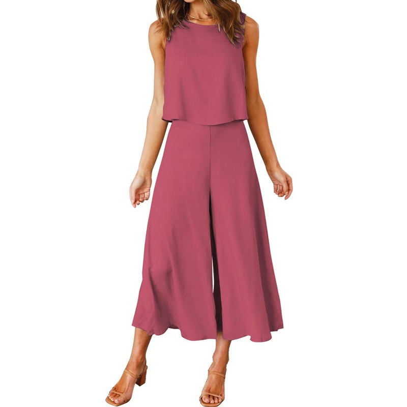 2023 European and American new TEMU womens summer 2-piece clothing round neck top short solid color wide leg pants set Fuchsia