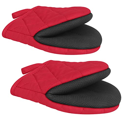Goldmeet 1 Pair Short Oven Mitts, Heat Resistant Silicone Kitchen Mini Oven Mitts for 500 Degrees, Non-Slip Grip Surfaces and Hanging Loop Gloves, Baking Grilling Barbecue Microwave Machine Washable - Image 1