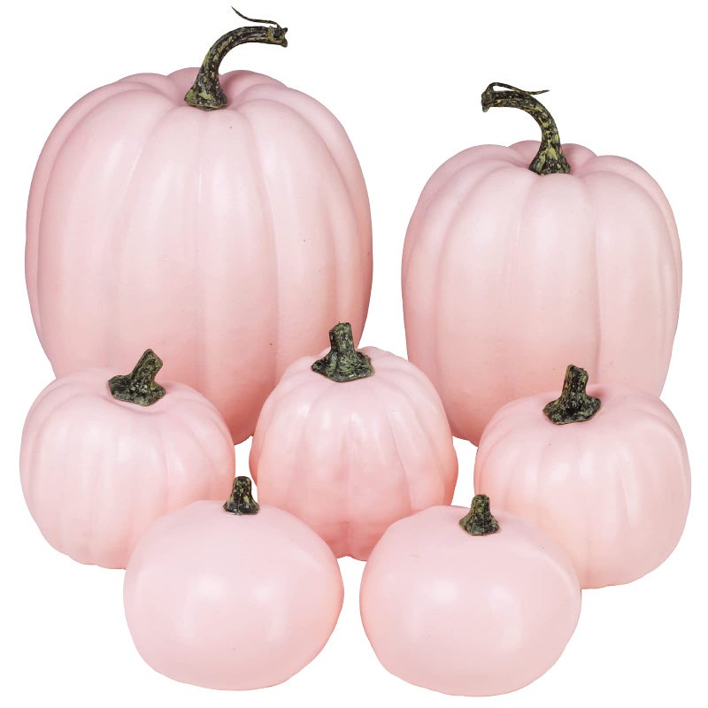 Winlyn 7 Pcs Assorted Sizes Fall Artificial Light Pink Pumpkins Harvest Faux Foam Pale Pink Pumpkins for Fall Autumn Season Halloween Thanksgiving Harvest Festive Tabletop Decoration