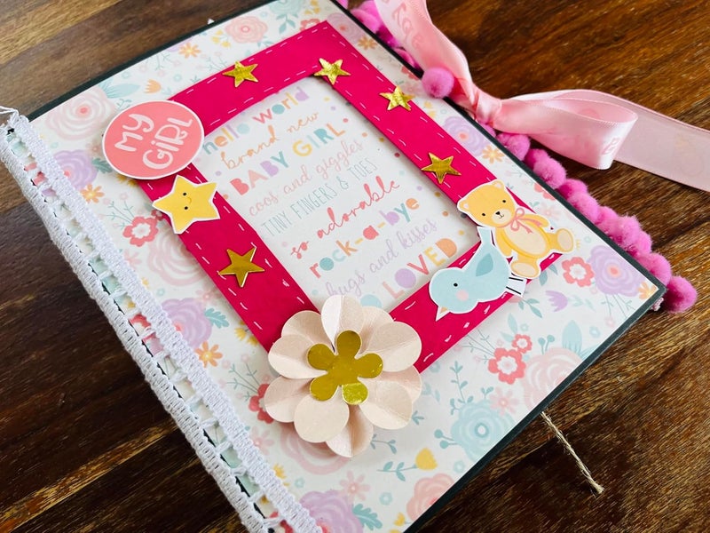Crafted Forever Handmade Baby girl Scrapbookmini album for Gifting and Memory Keeping can hold 32 photos A5 size Hard bound Pre decorated
