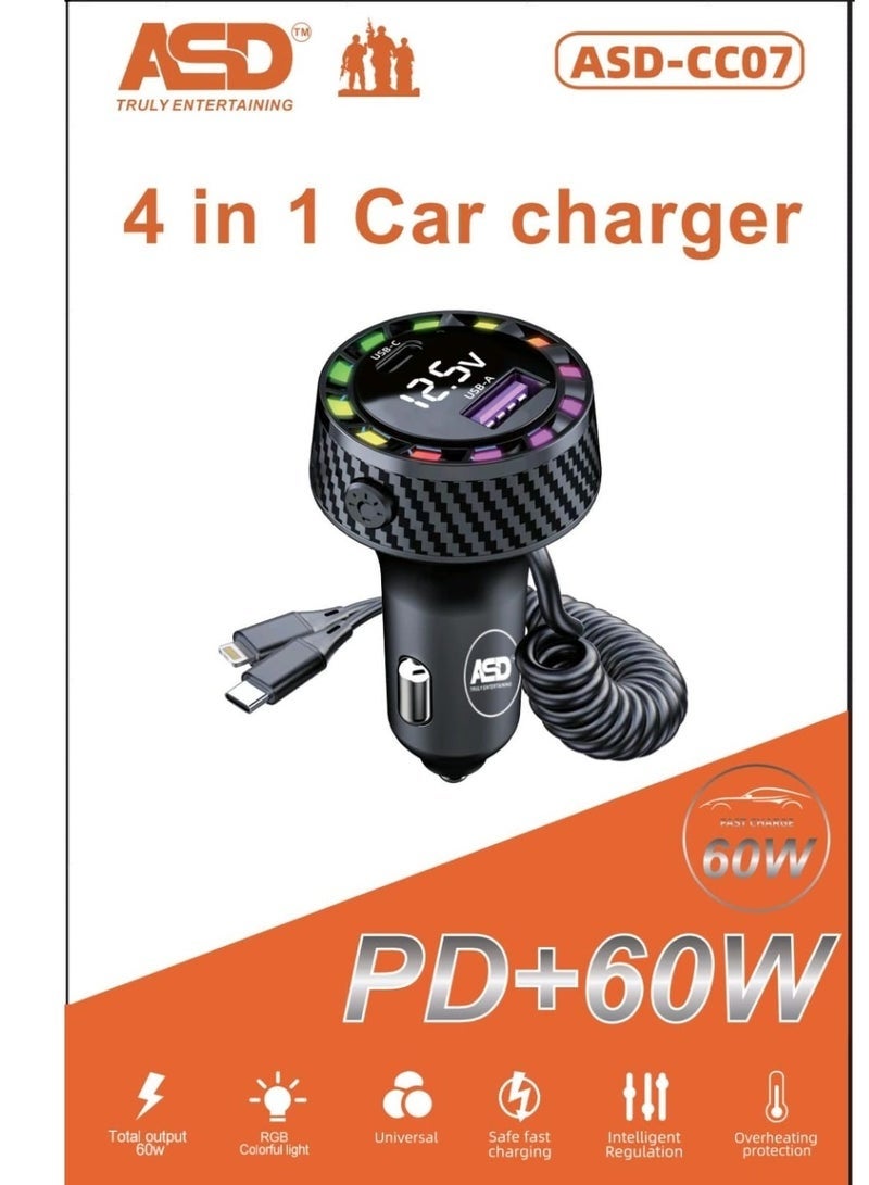اي اس دي 4 in 1 Car Charger PD+60W with Built-in Type-C & iOS Cable, 1 USB-C Port and 1 USB-A Port, Multi-Device Super Fast Car Charging Adapter for Smartphones & Tablets – ASD-CC07 - Image 4