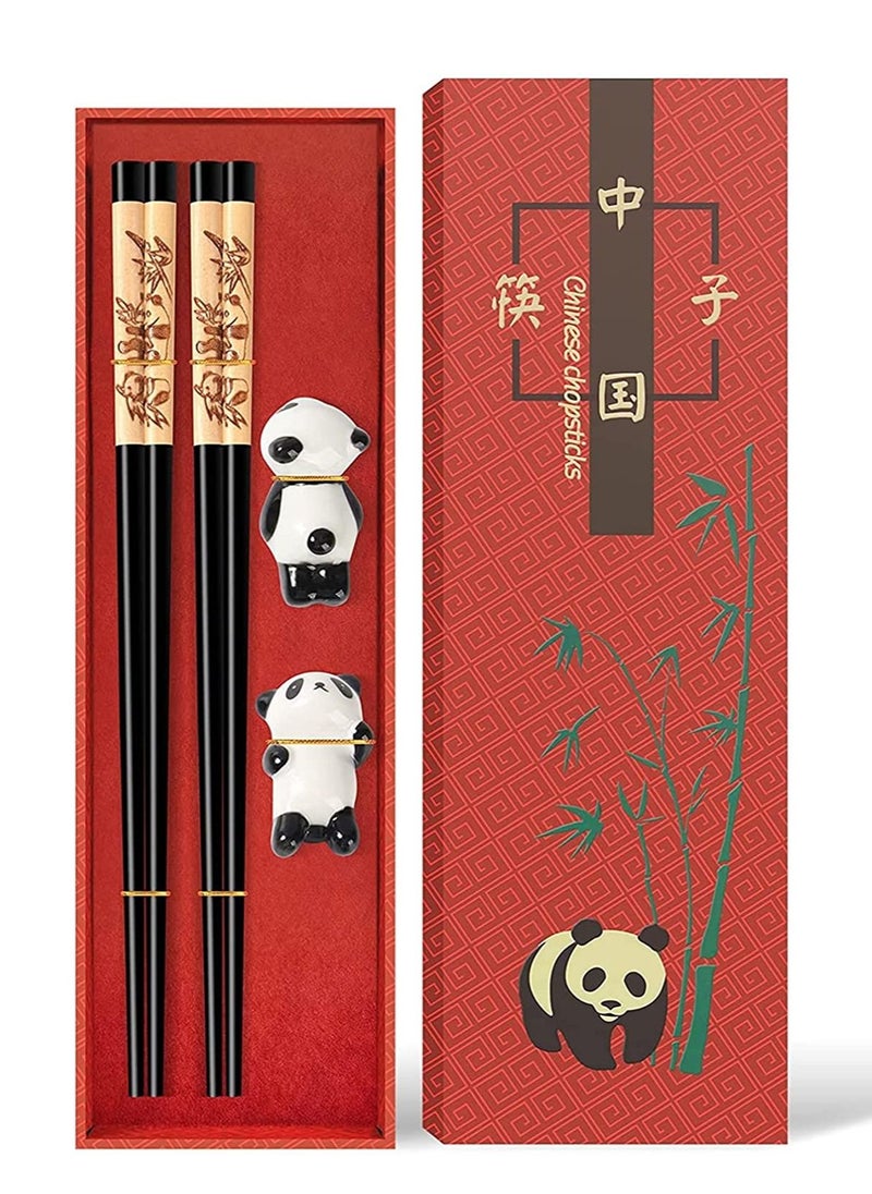 SYOSI - Chopsticks and Chopsticks Panda Holder,2 Pairs Reusable Chopsticks with Delicate box, Washable and Dishwasher Safe, Natural Wooden Chinese Japanese Korean Classic Stylish Easy To Use Non-Slip - Image 1