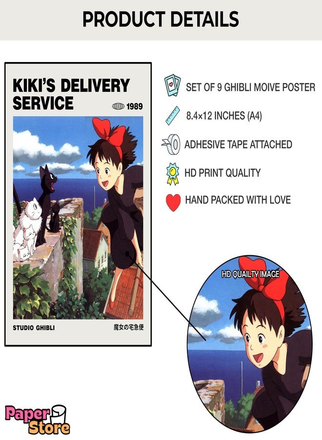 Thepaper9store Paper9store Pack of 9 - Studio Ghibli Posters Self-Adhesive Anime Wall Poster For Room, Anime Art Print Size A4 300 GSM Thick Matt Poster, Sprited Away, Ponyo, The wind Rises, My Neighbor Totoro etc - Image 2