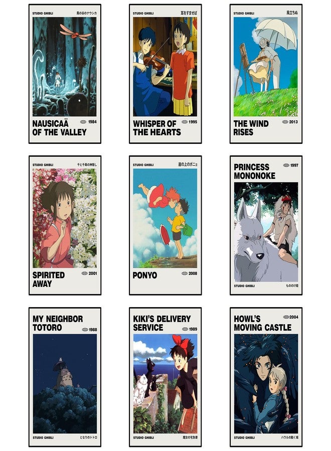 Thepaper9store Paper9store Pack of 9 - Studio Ghibli Posters Self-Adhesive Anime Wall Poster For Room, Anime Art Print Size A4 300 GSM Thick Matt Poster, Sprited Away, Ponyo, The wind Rises, My Neighbor Totoro etc - Image 1