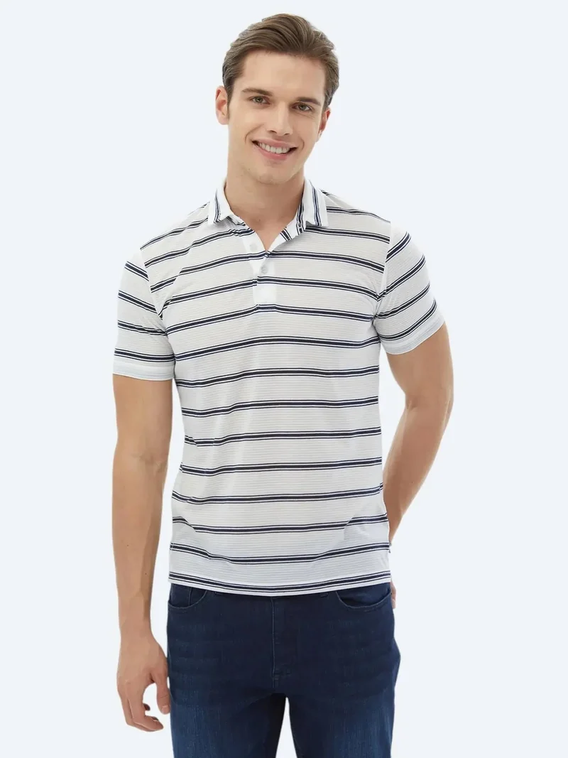 Kip White & Navy Blue Striped Polo T-Shirt
