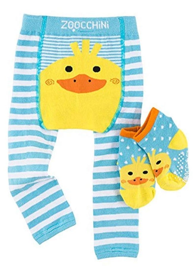 ZOOCCHINI Baby/Toddler Crawling Pants with Non-Slip Silicone Knee Grippers and Matching Anti-Skid Socks, 6-12 Months, Puddles The Duck - Image 1