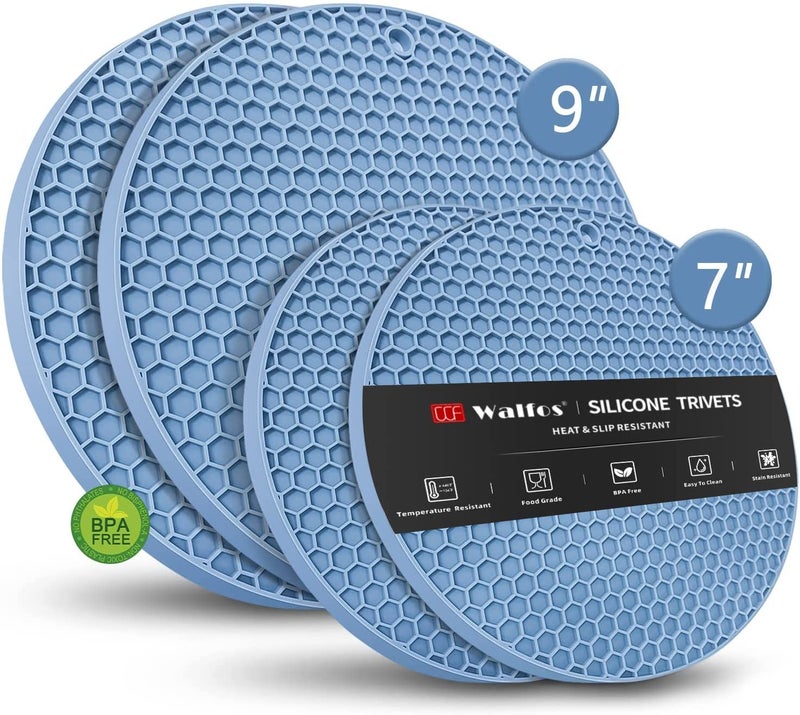 Silicone Trivet Mats  Walfos Heat Resistant Pot Holders Set 4pcs 2 Sizes 7 Inch  9 Inch Multipurpose NonSlip Hot Pads for Hot Pot Hot Dishers Jar Opener Food Grade  BPA Free Nordic Blue