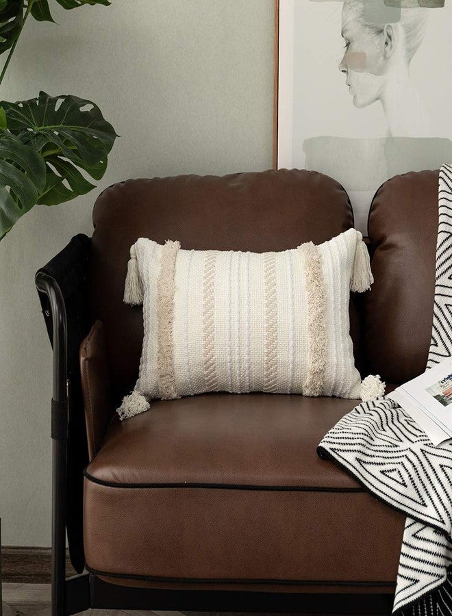 OJIA Lumbar Decorative Boho Throw Pillow Cover, 12 x 20 Farmhouse Cute Pillowcase Minimalist Neutral Collection Cream White Tufted with Tassels Woven Cushion Cover for Sofa Couch Bedroom Living Room - Image 2