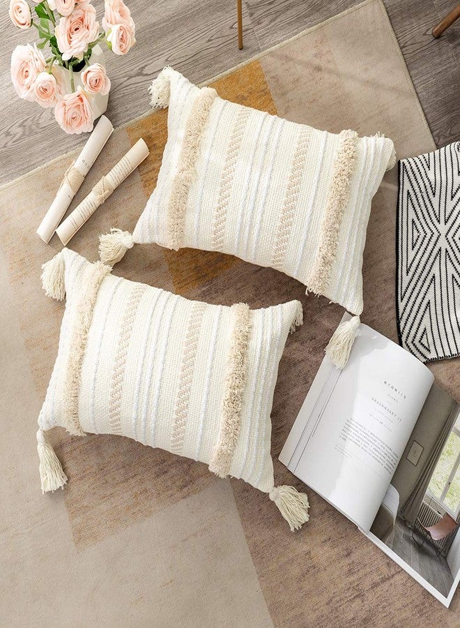OJIA Lumbar Decorative Boho Throw Pillow Cover, 12 x 20 Farmhouse Cute Pillowcase Minimalist Neutral Collection Cream White Tufted with Tassels Woven Cushion Cover for Sofa Couch Bedroom Living Room - Image 4