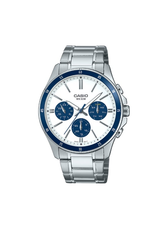كاسيو ساعة كاسيو MTP-1374D-7A2VDF للرجال – سوار ستانلس ستيل | قرص متعدد الوظائف مع عرض اليوم والتاريخ – فضي وأزرق - Image 1